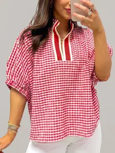 Women's Plaid Short Sleeve Colorblock Trim Split Neck Blouse, Women’s Red Gingham Shirt with Contrast Collar, Casual Relaxed Fit Summer Tops, Breathable Soft Viscose Blend Shirts for Weekend Outings and Daily Chic Looks
