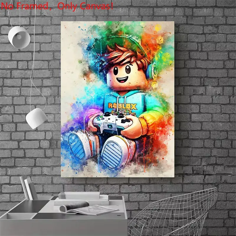 1 piece/set frameless canvas painting print poster, Game Poster art, Canvas Prints, Roblox Gamer Watercolor Art, a perfect gift for Video games loves, ideal gift for bedroom, living room, mural, wall decoration, Cool Wall Art, room decor, Home wall decor