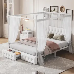 Metal Canopy Bed with Upholstered Headboard, Queen Size Canopy Bed with Drawers for Teens Adults, No Box Spring Needed, Space Saving, White