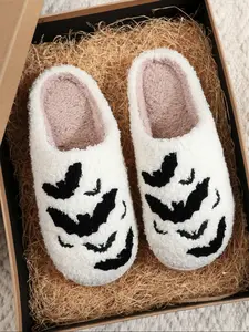 Bat Pattern Embroidered Halloween Slippers, Comfortable Indoor Home Shoes for Men & Women, Fall Winter Christmas Gift Ideas, Footwear