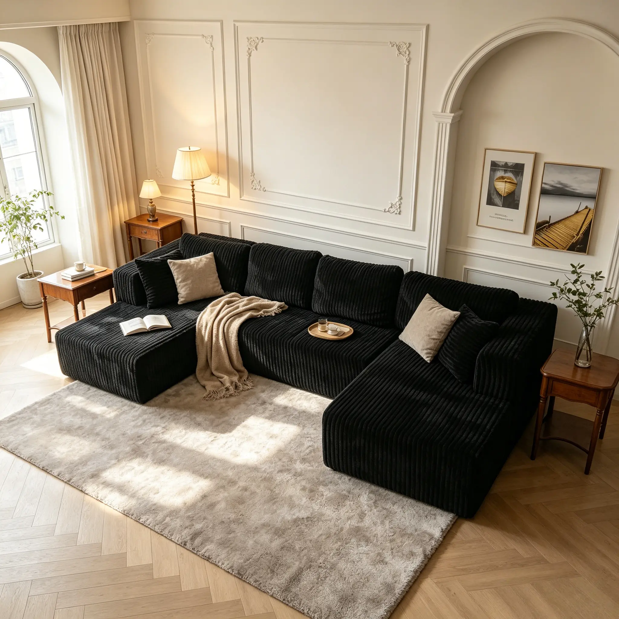 【2Packs Shipped】Popular No Assembly Needed 132'' U-Shape Oversized Cloud  sofa Couch - Corduroy Modular Sectional Sofa with 6 Soft Pillows, Deep Seat Boneless Upholstered Couches for Living Room