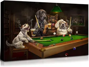 Wall Canvas Painting of Dogs Playing Billiards by C. M. Coolidge Wall Art Decor Painting Prints Picture Framed Stretched Printed on Canvas for Home Living Room Bedroom Office 20 X 30 Inches