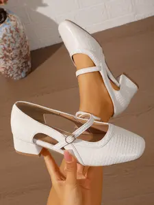 French Vintage Square Toe Mary Jane Shoes, Hollow One Strap Buckle, Chunky Heel Mid-Heel Low Cut Single Shoe, Women's Stylish Elegant Classy Fashion Footwear