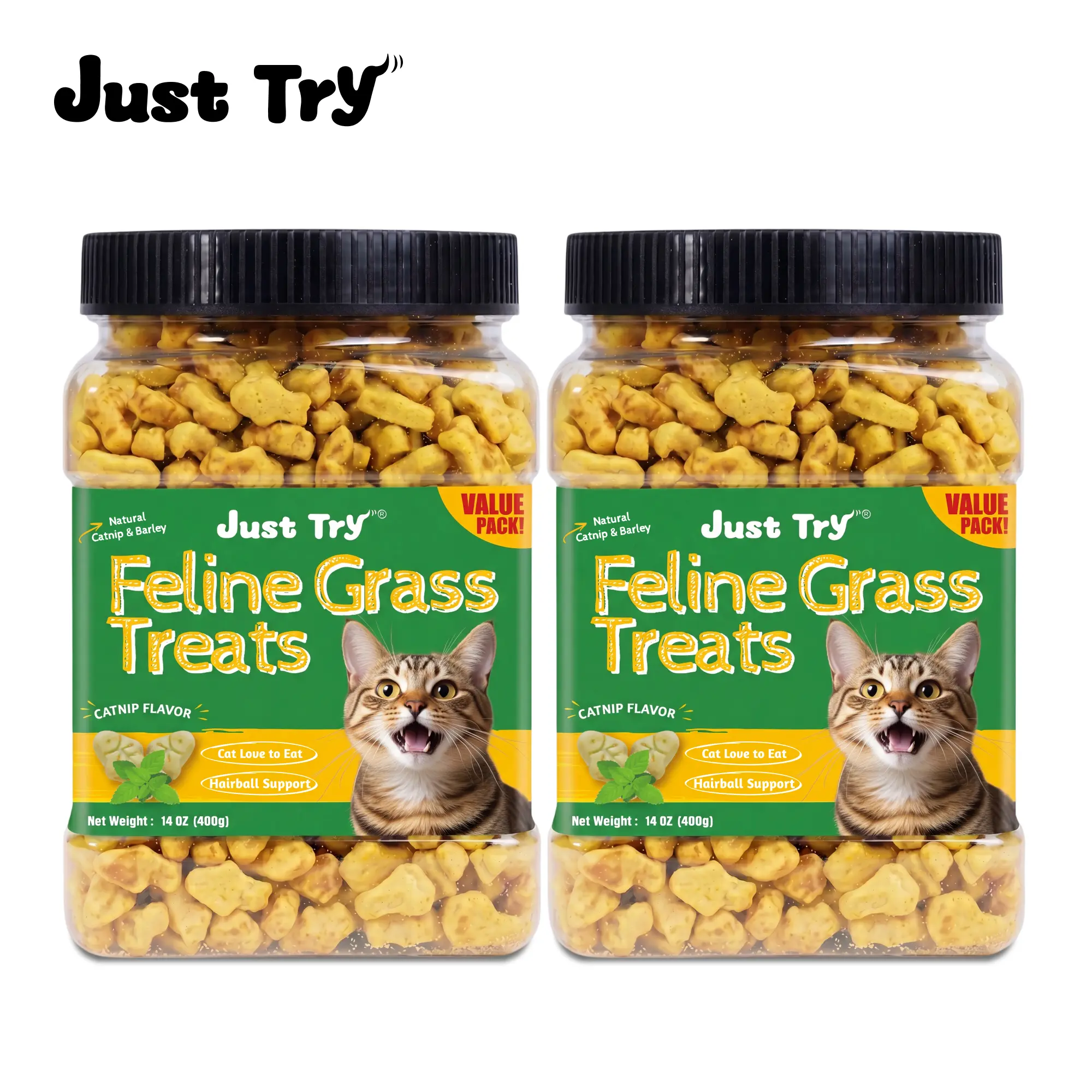 Just Try 2PCS Cat Treats for Indoor Cats Hairball Control Natural Salmon Healthy Cat Grass Treats Kitten Snacks Training Biscuits Catnip for Cats Dental Care 14.1 OZ