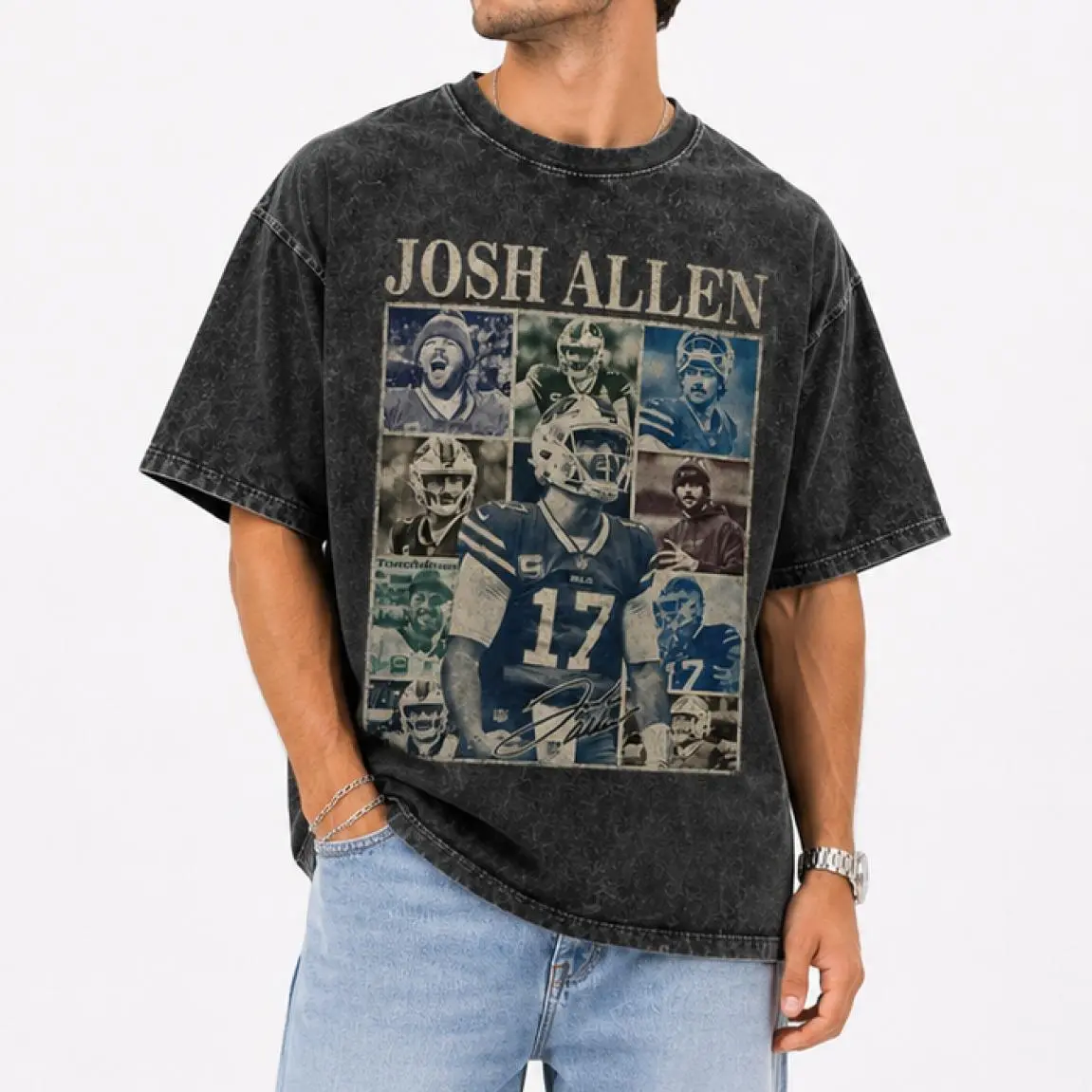 Josh Allen Vintage Collage Washed Shirt, Buffalo Graphic Tee, Football T-Shirt, Retro Sports Photo Tee, Game Day Apparel, Gift for Buffalo Fans, Trendy Outfits, Stay Ahead of the Game, Clean Look, Goes with Anything