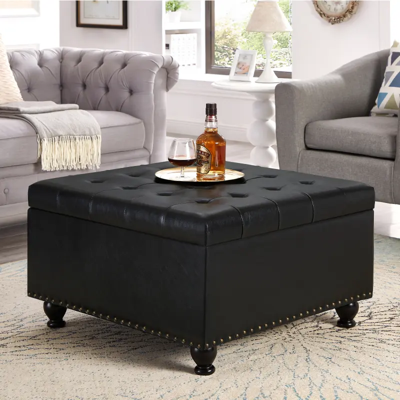 Black Large Square Multifunctional Foam Faux Leather Furniture Ottoman Footstool - Upholstered Button-Tufted, Wooden Legs, Nail Trims, Storage Capability, Assembly Tools Included, for Living Room Coffee Table Decor