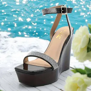 Women's Wedge Platform Rhinestone Sandals Square Open Toe Elegant Adjustable Ankle Strap Heeled Footwear for Wedding Party Daily Wear