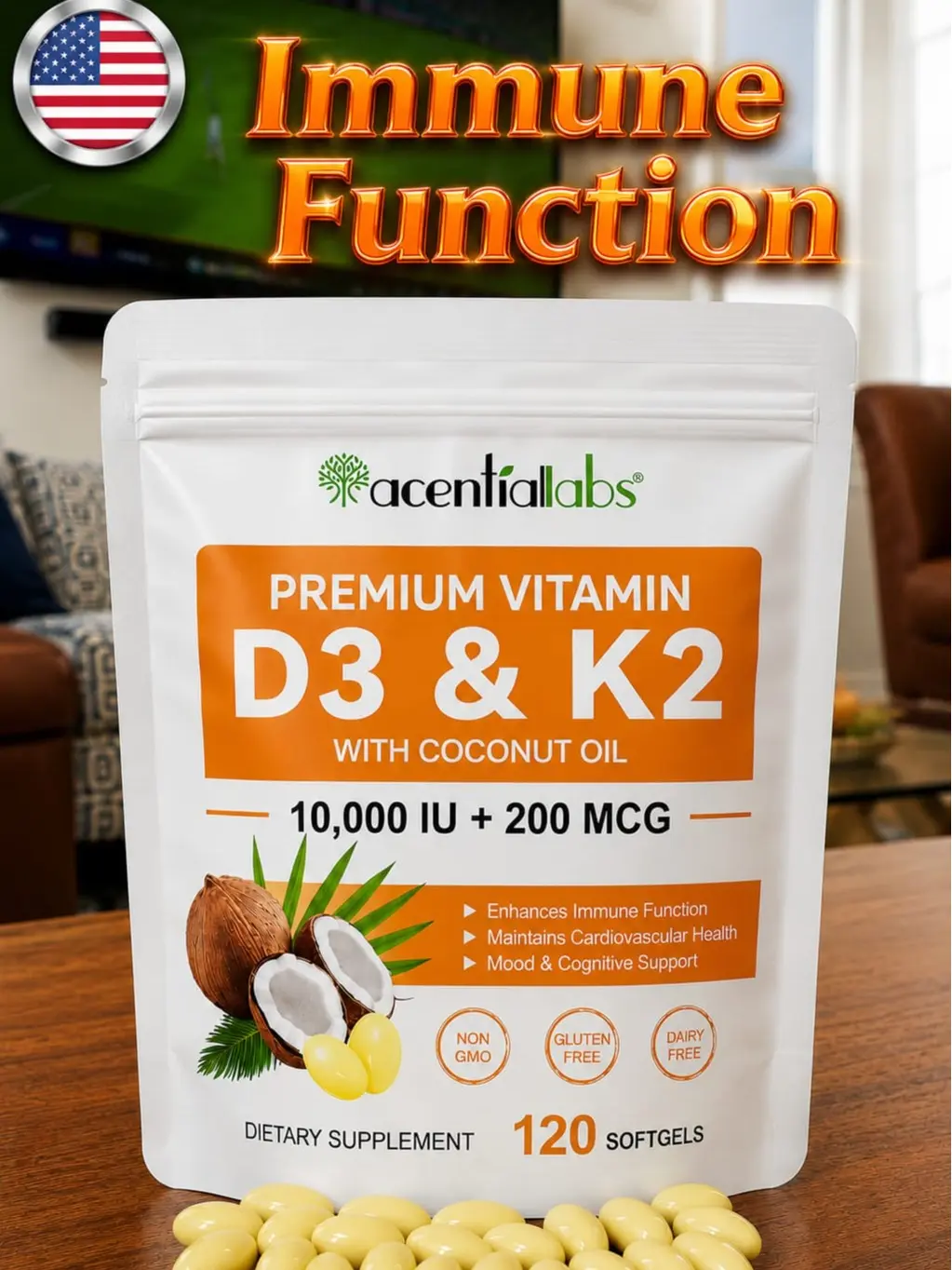 AcentiaLabs Vitamin D3 + K2 Softgels – D3 10000 IU with K2 200mcg – Bone, Heart & Immune Support – 120 Softgels