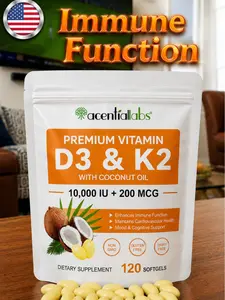 AcentiaLabs Vitamin D3 + K2 Softgels – D3 10000 IU with K2 200mcg – Bone, Heart & Immune Support – 120 Softgels