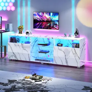 LED TV Stand for up to 80" TVs, 70" Large Modern Entertainment Center Console Table Gaming Soundbar Shelf with 2 Storage Cabinet for Living Game Room Bedroom(Black/Black Marble/White Marble)