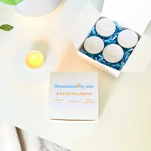 8 Pack Unscented Tealight Candles - Pair with illuminatedbymia Tealight Wax Warmers & Gel Wax Melts, 4 Hr Burn Time Tealight Candles, Plant Based Wax Decor Gift