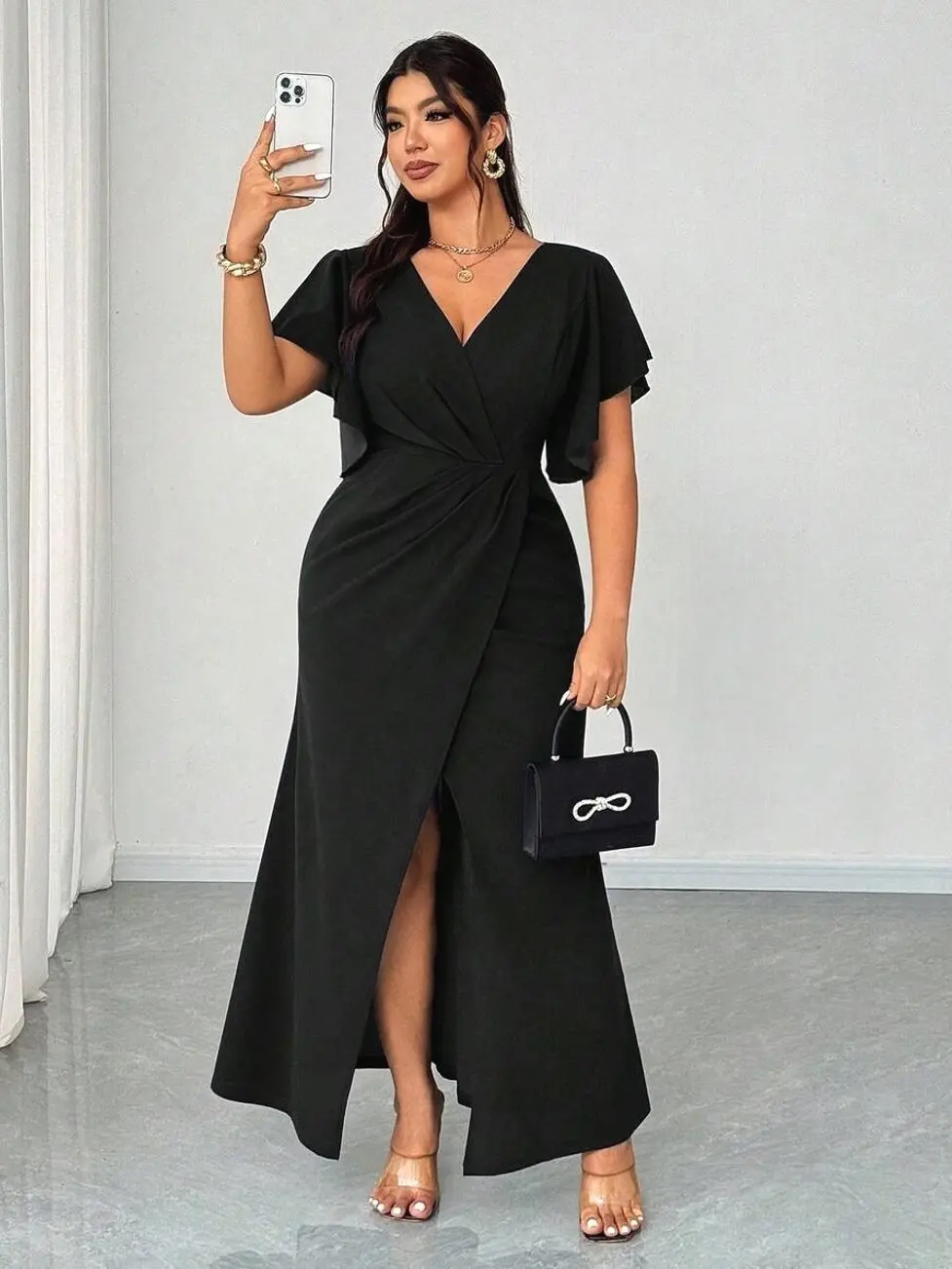 Women's Plus Size Dark Green V-Neck Formal Dress - Autumn Ruffle Sleeves, Waist-Fitted Mermaid Cut, Buckle Fasten, Sexy Look for Wedding Guests, Parties