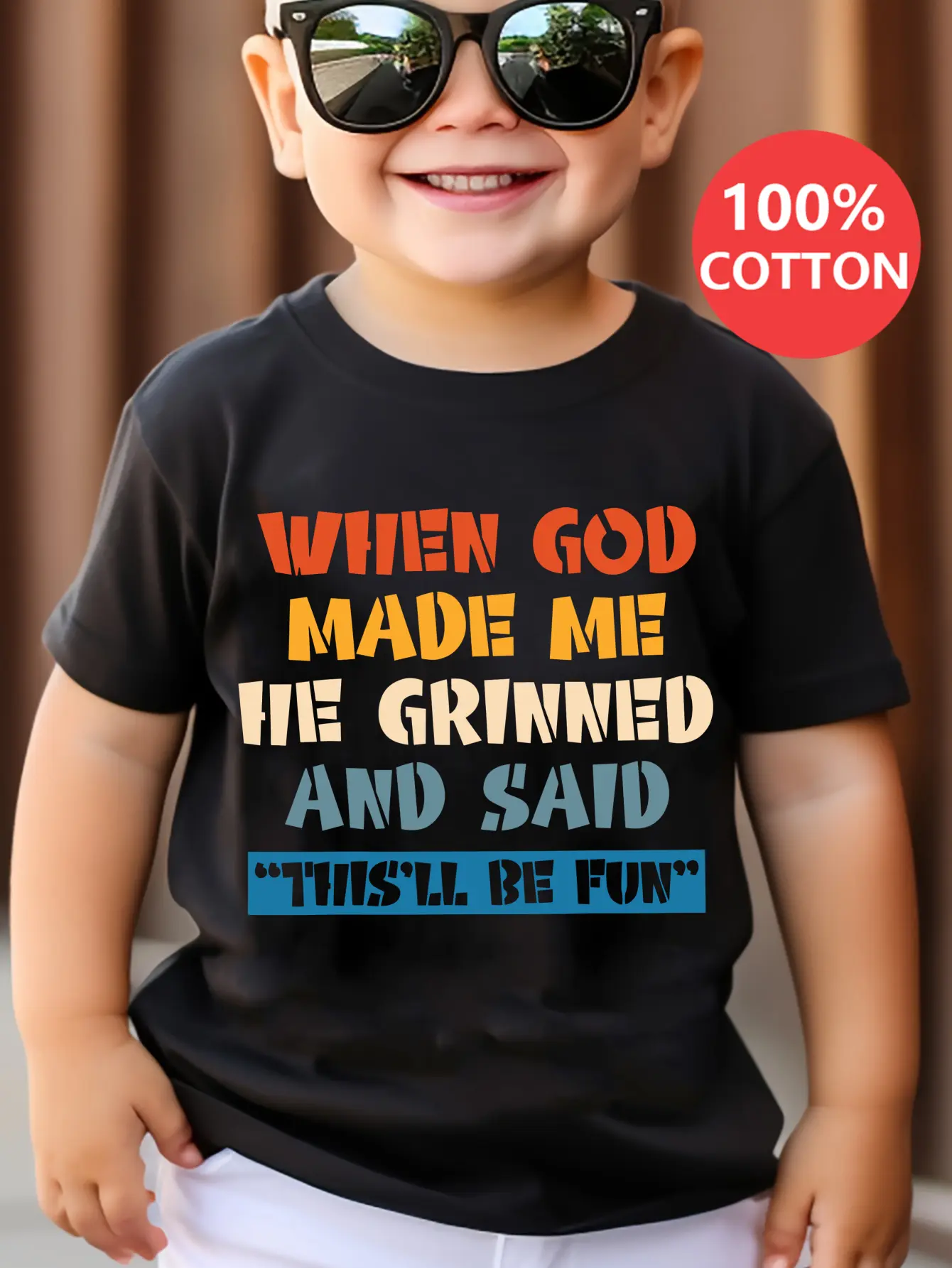 Boys' T-shirts When God Made Me He Grinned And Said Thisll Be Fun Print 100% Cotton Short Sleeve T-shirt with Unique Graphics and Durable Fabric Funny Graphic Tees Funny Saying Shirt