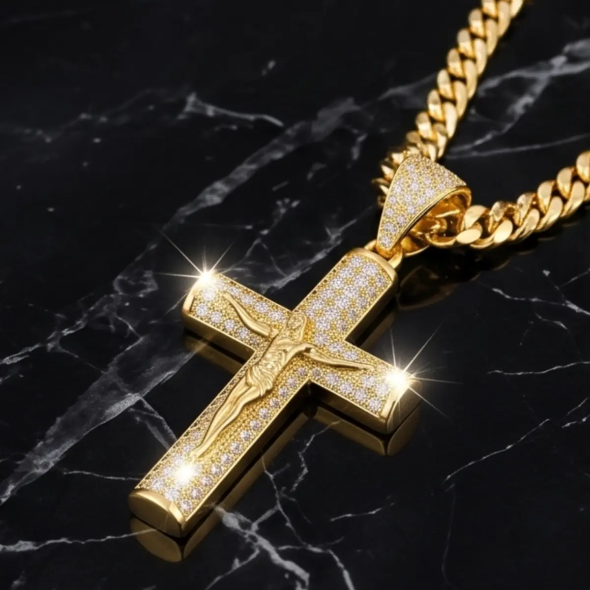 14K Real Gold-Plated Cross Necklace for Men,Tarnish-Free Cuban link chain Figaro Rope Miami Chains with Jesus Crucifix Pendant, 24” Long , Christian Religious Jewelry ,chain men holiday haul christmas birthday anniversary trendy daily clothing decor gift