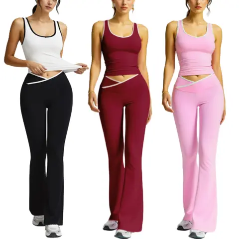 Women's 2-Piece Quick Dry Yoga Active Wear Set - Colorblocked Sleeveless Tank Top, Flared Lounge Pants, Women's Clothing for Yoga/Running, Everyday Active