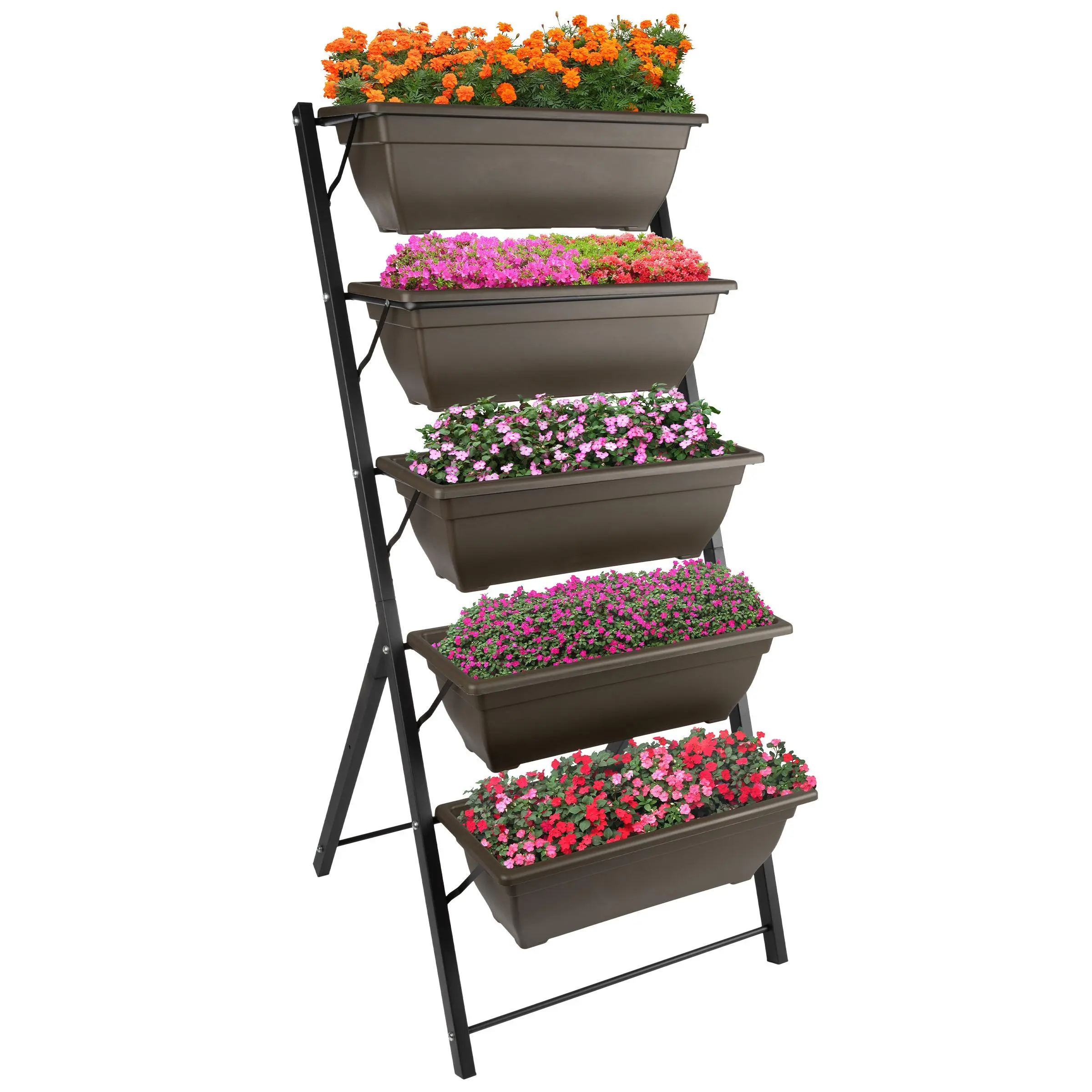 Pure Garden 5-Tier Vertical Raised Planter Tower - Brown Garden Pot with Drainage Holes, Sunlight Access, 19.5”x8.5”x6”, 15lbs Weight, 20lbs Per-Plant-Box Capacity, Assembly Guide, Included Tools for Home Improvement, Food Growing, (L) 19.5” X (W) 8.5” X,