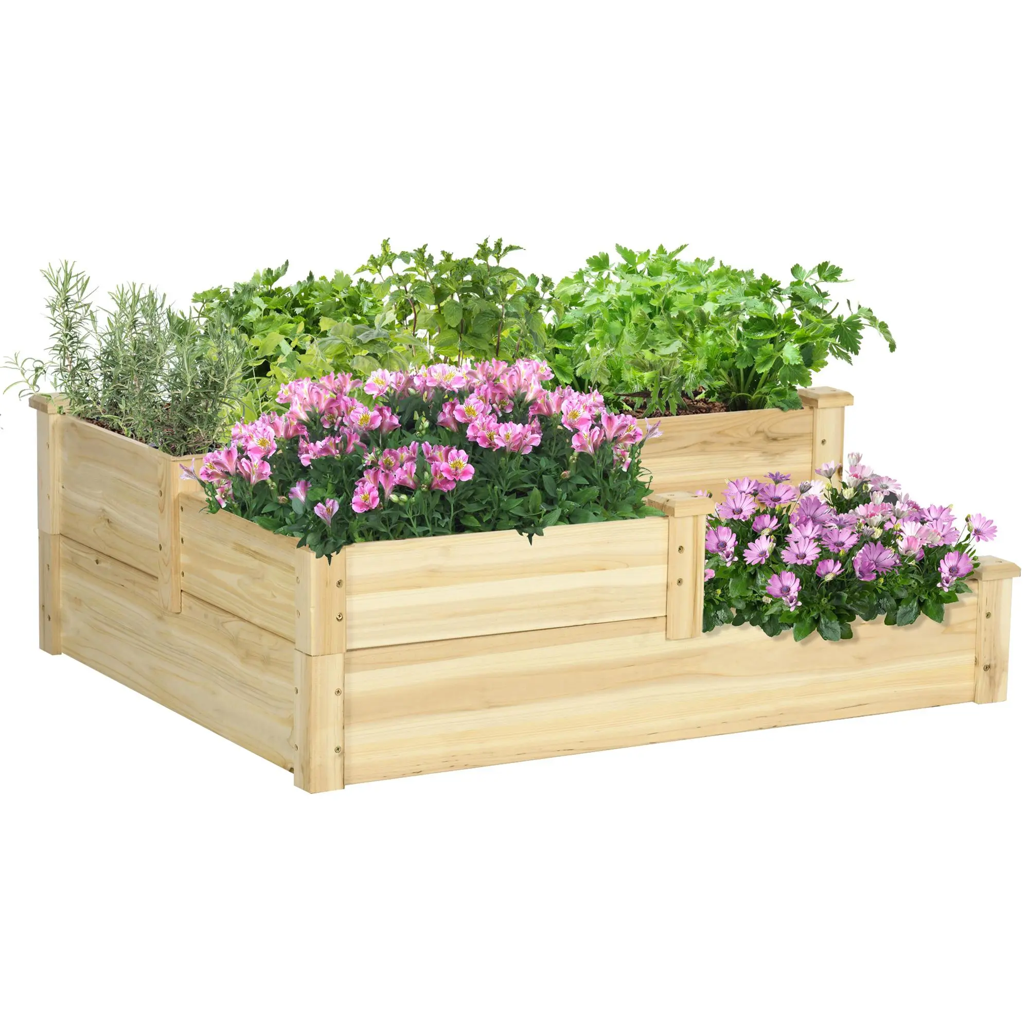 Outsunny 3-Tier Rustic Wooden Raised Planter Box, Elevated Planting Boxes with Open Bottom, Stackable Vegetable Planters for Vegetables & Herbs, 42.5" x 34.75" x 14.25", Natural