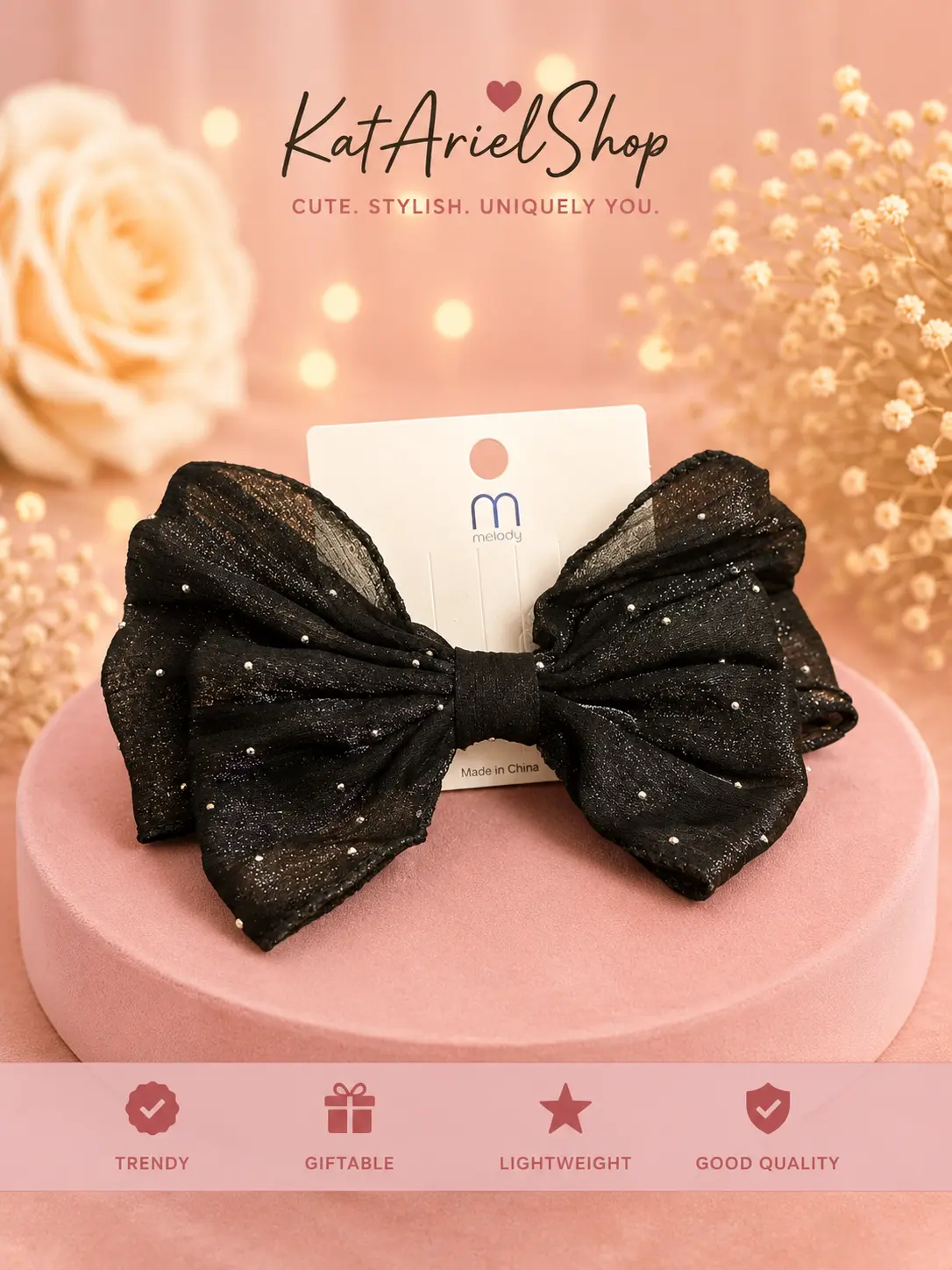 Black Glitter Sheer Bow Hair Clip for Women and Girls