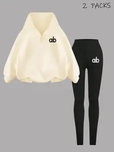 Women's Fashionable, Sporty Comfy Breathable Two-Piece Set, Athleisure Street Fit, Ab Pattern Print Top & Comfortable Elastic Yoga Pants, Casual Streetwear for Teens