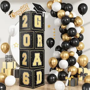 2026 Graduation Decorations 4Pcs Graduation Boxes So Proud of You and Class of 2026 Grad Balloon Boxes Black Gold Congrats Box for College High School Prom Party Supplies