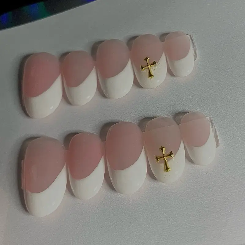 Handmade Short White French Tip Press On Nails With Gold Cross Charm