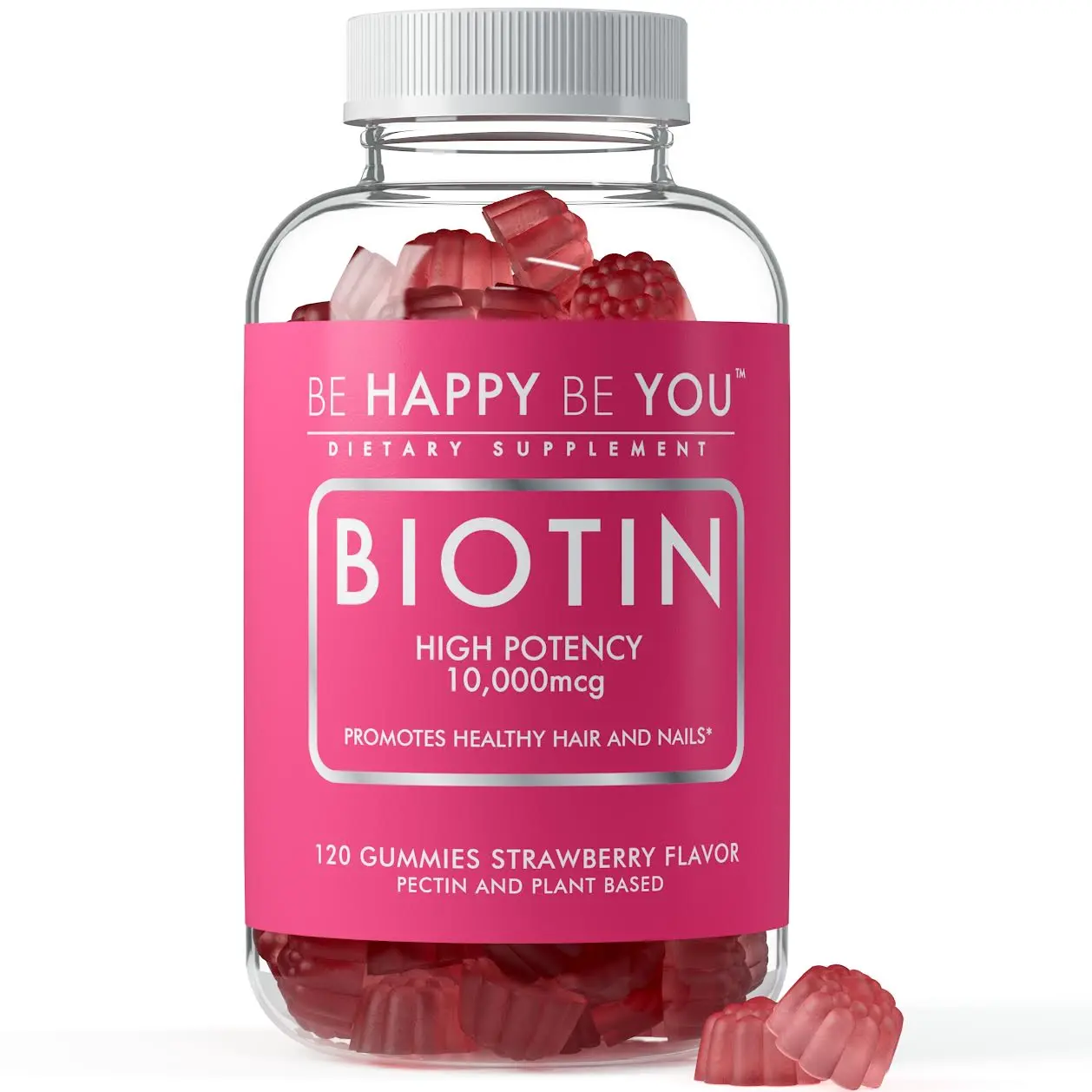 Be Happy Be You Biotin 10,000 mcg Gummies – Hair Growth & Nail Support, Vegan Strawberry Gummies