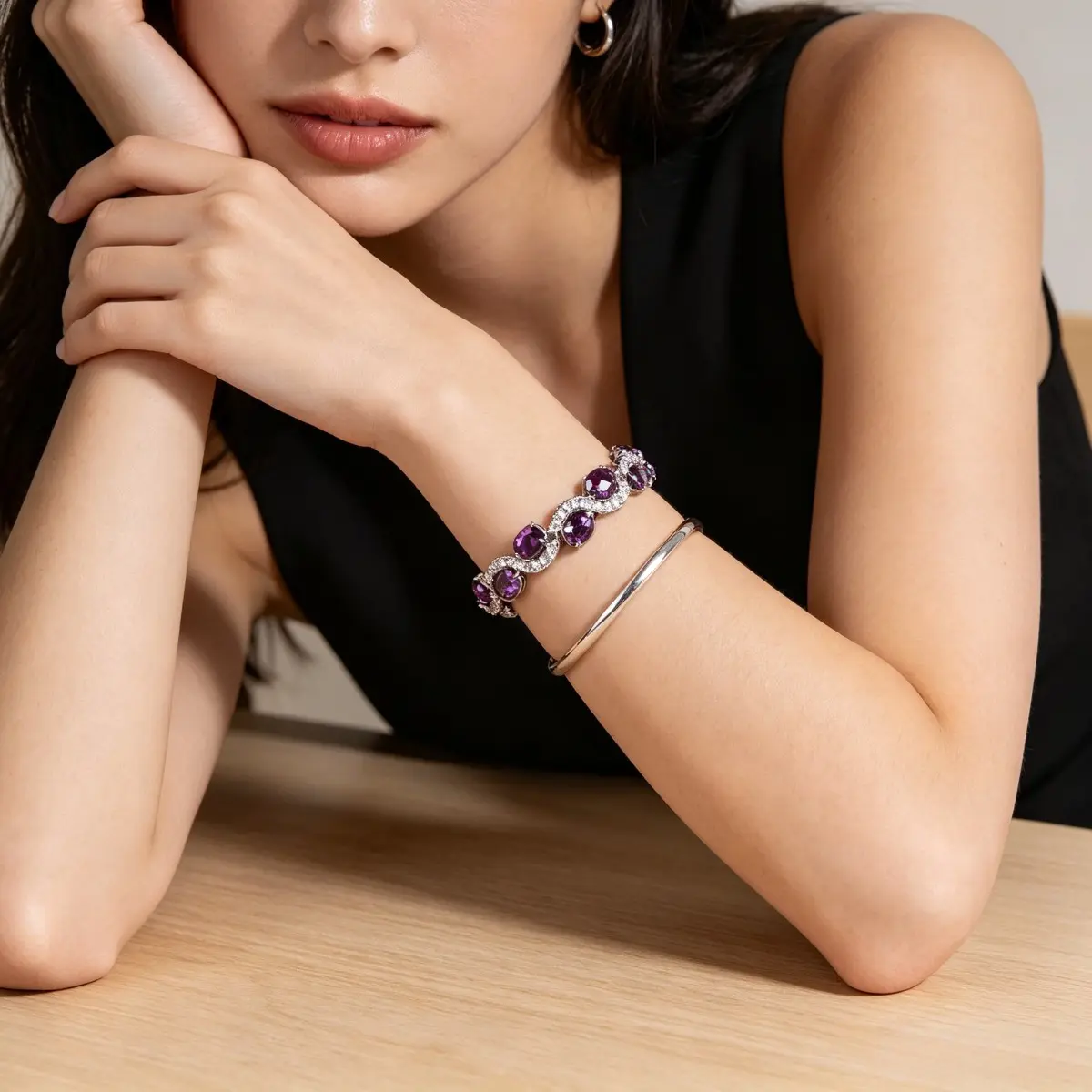 EJG Women's Vintage Luxe Tennis Bracelet with Oval Cut Purple Crystal, Silver-Plated Stackable Chain, Exquisite Bracelet & Arm Candy Accessories, Artificial Zircon Bracelets & Bangles