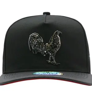 Ferreti Hats FT83 Black Mr. Gallo Gorra with Five Panels Eyelets Metal Rooster Detail Embroidered Side Text Curved Visor for Men