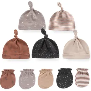 KF5-KC042 Baby Hat and Mittens Set Newborn Baby Hats Caps for Baby Boys Girls 0-6 Months 100% Cotton