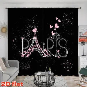2D Flat 2Pcs Romantic Paris Eiffel Tower Curtains, Pink Hearts & Flowers Pattern Drapes, Semi Sunshade Polyester, for Living Room Bedroom, Home Decor Holiday Gift, Anti Privacy Window