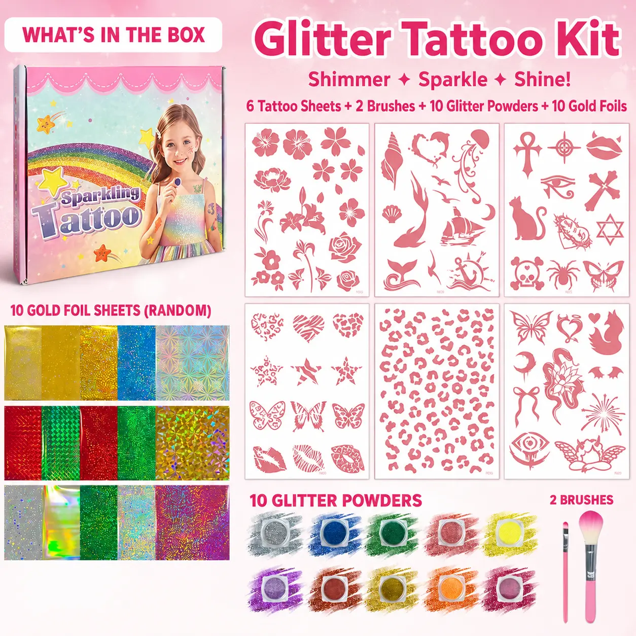 SummerVibes Assorted Glitter Tattoo Kit Stencils - 6 Sheets with Butterfly, Floral & Cute Patterns, Easy-to-Use Body Art Templates for Kids & Adults, Festival Party Favors & Supplies