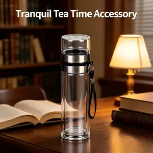 Leak-Proof Dual-Layer Glass Tea Coffee Separator Cup, Reusable Mug, Drinking Tumbler with Lid, Portable Round Design, Suitable for Hot and Cold Drinks, Dishwasher Safe