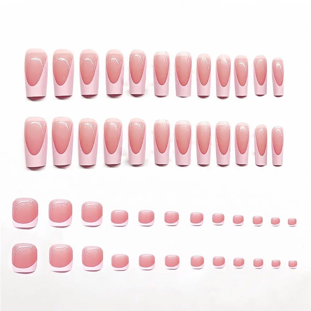 Hand & Foot Press-On Nail Set (48 Pcs) – Long French-Tip Sweet Pink Fingernails & Toenails | ICE Nail Studio