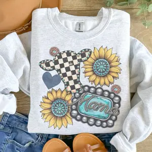 Mama - Mama Checker Cow Western Sunflower Sweatshirt - Ash Grey - Mama - Mom