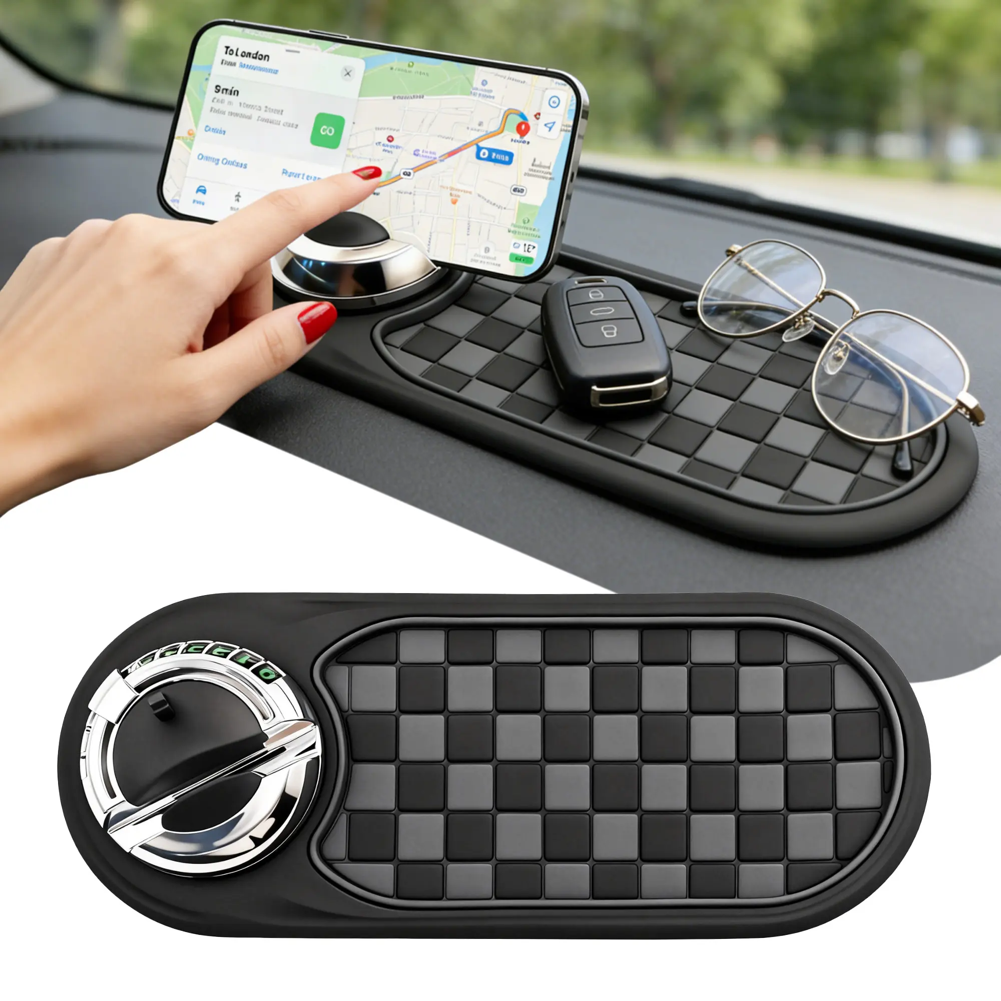 High Friction Multifunctional Car Dashboard Mat + Mount - 360-Degree Rotating Phone Holder with Anti-Skid Traction, Heavy-Duty Adhesive Stickers, Navigation Support, Sunglasses/Keys Storage for Daily Commutes, Long-Distance Road Trips (All Vehicles), Extr