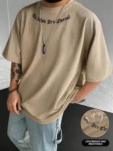 Men's Khaki Vintage Font Embroidered Loose Fit Short Sleeve T-Shirt Made of Waffle Fabric Oversized Style Casual Streetwear Versatile Everyday Look Trendy Brand Style