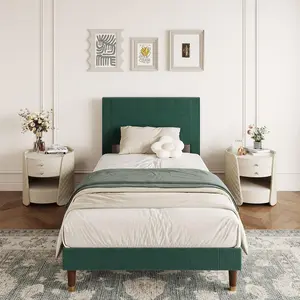 Gaomon Twin Bed Frame - Sturdy Upholstered Metal Bed Frame with Soft Corduroy Headboard, Strong Wooden Slat Support, Underbed Storage, No Box Spring Needed, Easy Assembly, Dark Green, Sturdy Bed Frame