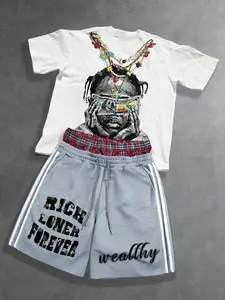 Girls' Graphic Print T-Shirt + Letter Pattern Drawstring Shorts, Summer Casual Comfortable Sports Set, 2-Piece, Sports Clothing Set