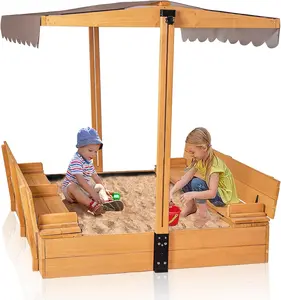 Wooden Sandbox with Adjustable Canopy, Outdoor Kids Sand Box with Foldable Benches, Sand Liner, Retractable Roof, 47"Lx47"Wx52"H