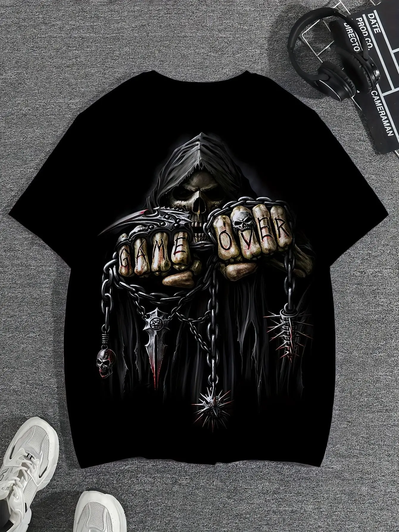 Black Graphic Tee With Grim Reaper & "GAME OVER" Print Unisex Vintage Style 100% Cotton Crew Neck Dark Streetwear Gaming Inspired Apparel for Summer Campus Hangouts