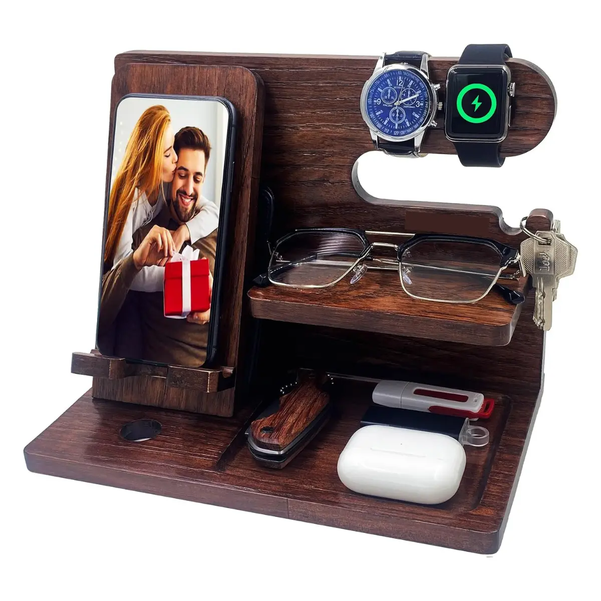 Wood Phone Docking Station Nightstand Organizer Gift for Dad Men Dark Brown