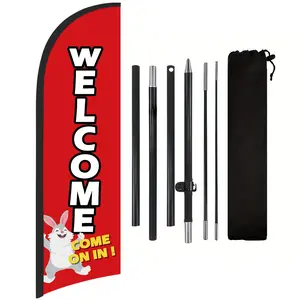 Welcome Shop Flag, Polyester Advertising Flag with Flag Pole and Ground Stake, Outdoor Banner Decoration for Welcome Shop Promotion
