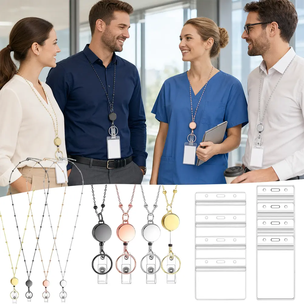 4-Pack Stylish ID Badge Holder Bundle, Beaded Lanyards with Retractable Badge Reels And Transparent Clear Vertical Card Sleeves, Decorative Bead Neck Straps sohochic
