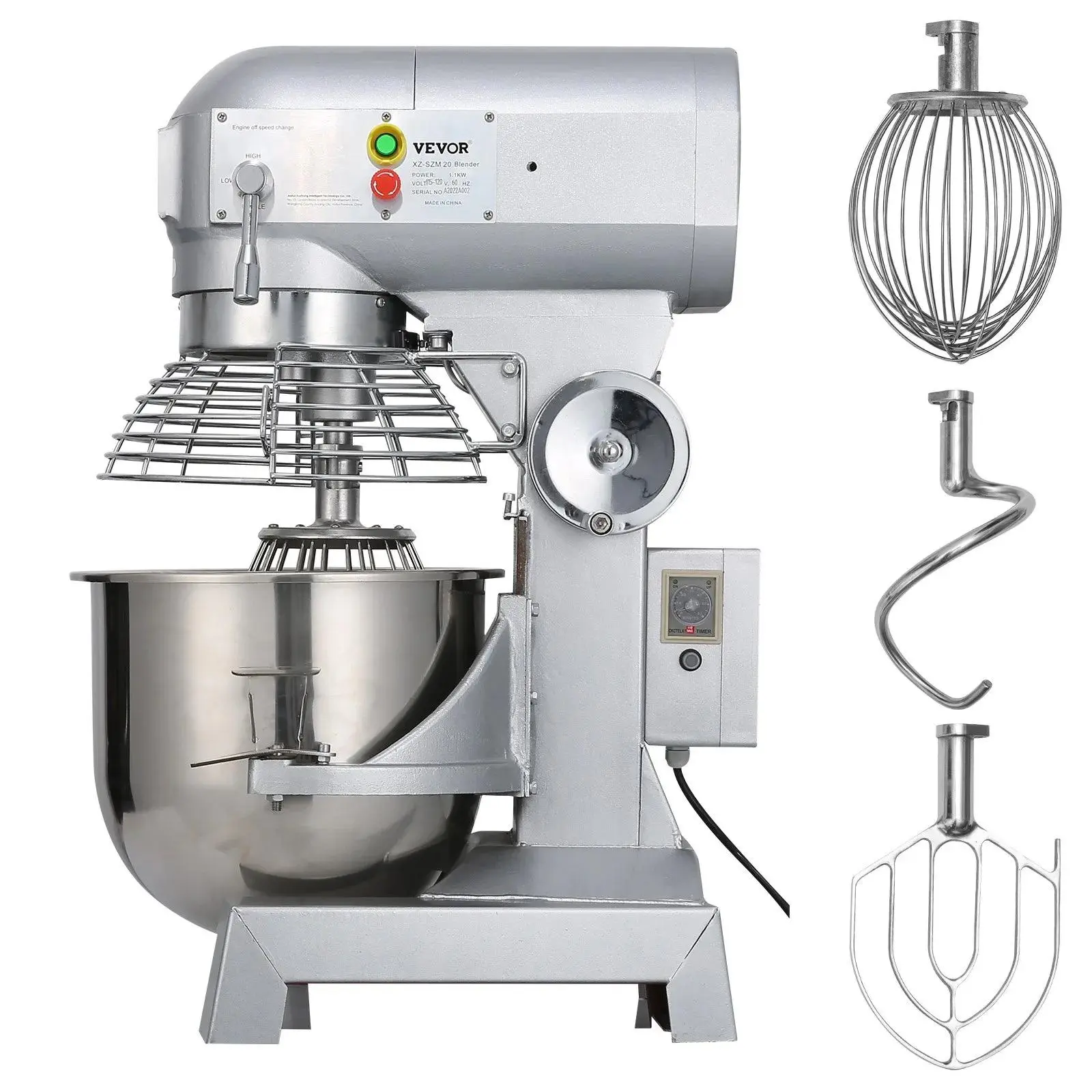 【Summerfinds】VEVOR Commercial Food Mixer 15Qt 600W 3 Speeds Adjustable 110/178/390 RPM Heavy Duty 110V with Stainless Steel Bowl Dough Hooks Whisk Beater Premium for Schools Bakeries Restaurants Pizzerias