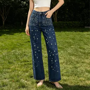 Blue Wide Leg Jeans for Women - High Waisted Straight Leg Denim Pants with Pearl Embellished Floral Pattern Classic Vintage Wash Non-Sheer Stretchy Denim Perfect for Everyday Casual Wear  Streetwear Outfits