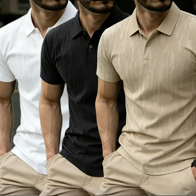 Men's Plus-Size Plain V-Neck Loose Oversized Stretchy Breathable Short-Sleeve Polo Shirt - Polyester-Spandex Fabric, Button-Front Placket, Gray, Black, White, Khaki, Blue, for Casual & Business Wear, Menswear Top, Sporty Chic