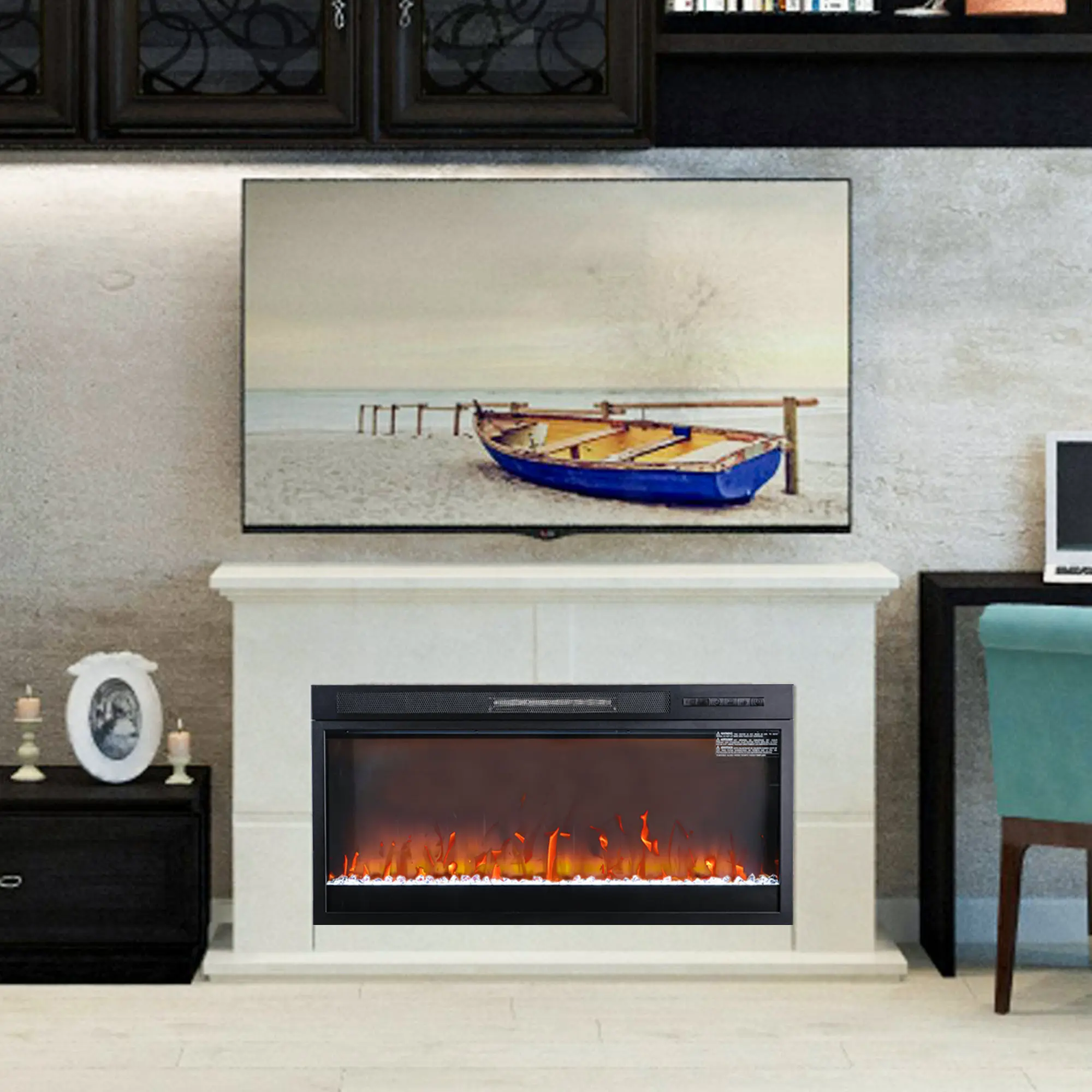 PARROT UNCLE 36" Modern Black Electric Fireplace Insert with Remote Control Adjustable Heat Digital Timer Heater Flameless Heaters Halloween Christmas