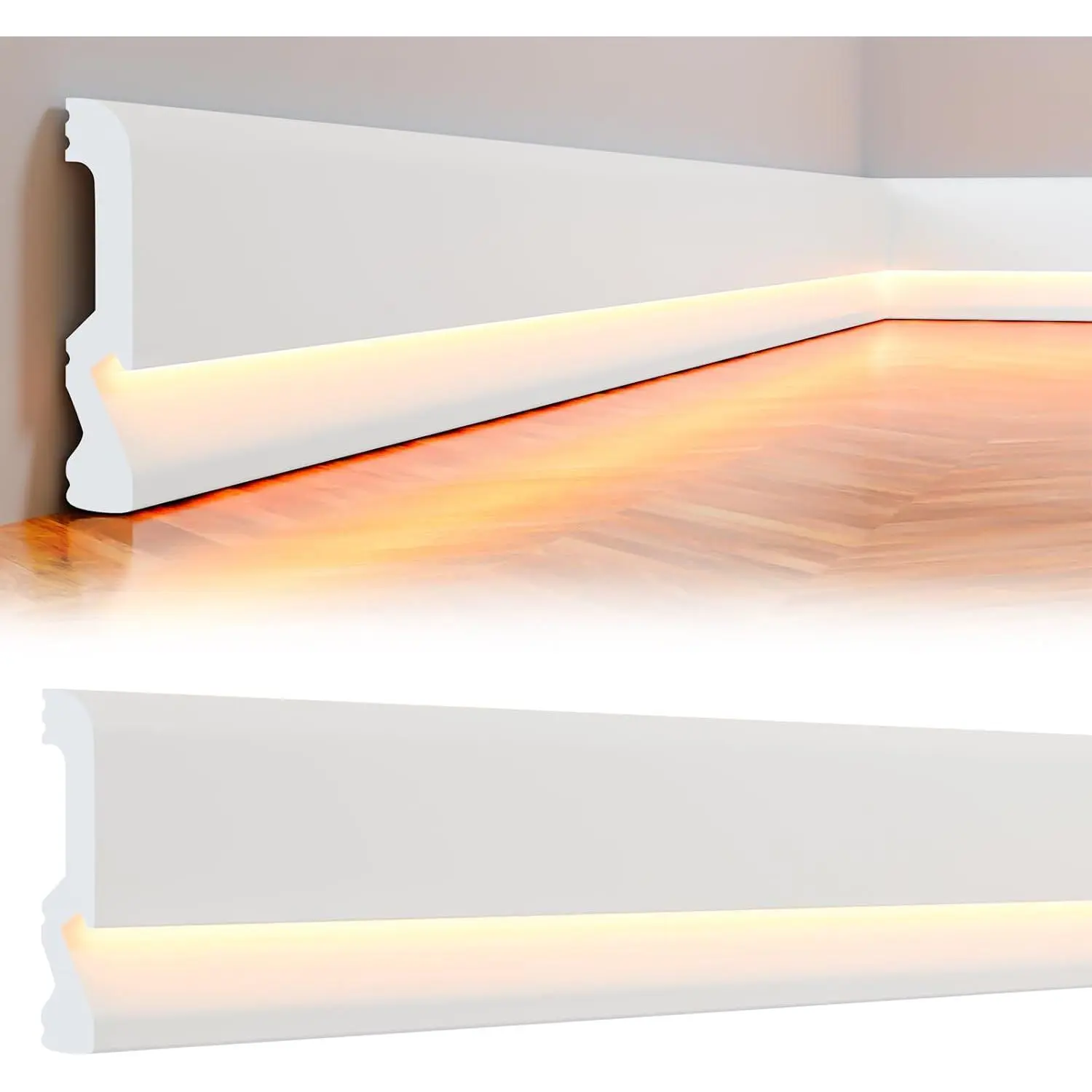 White LED Channel Baseboards (6 Pcs, 2.6FT/0.8M) - Easy to Install Duct Baseboard Molding, Soft Inviting Light Ambient Lighting for Bedroom, Kitchen Decoration, Fits External LED Lights Strips