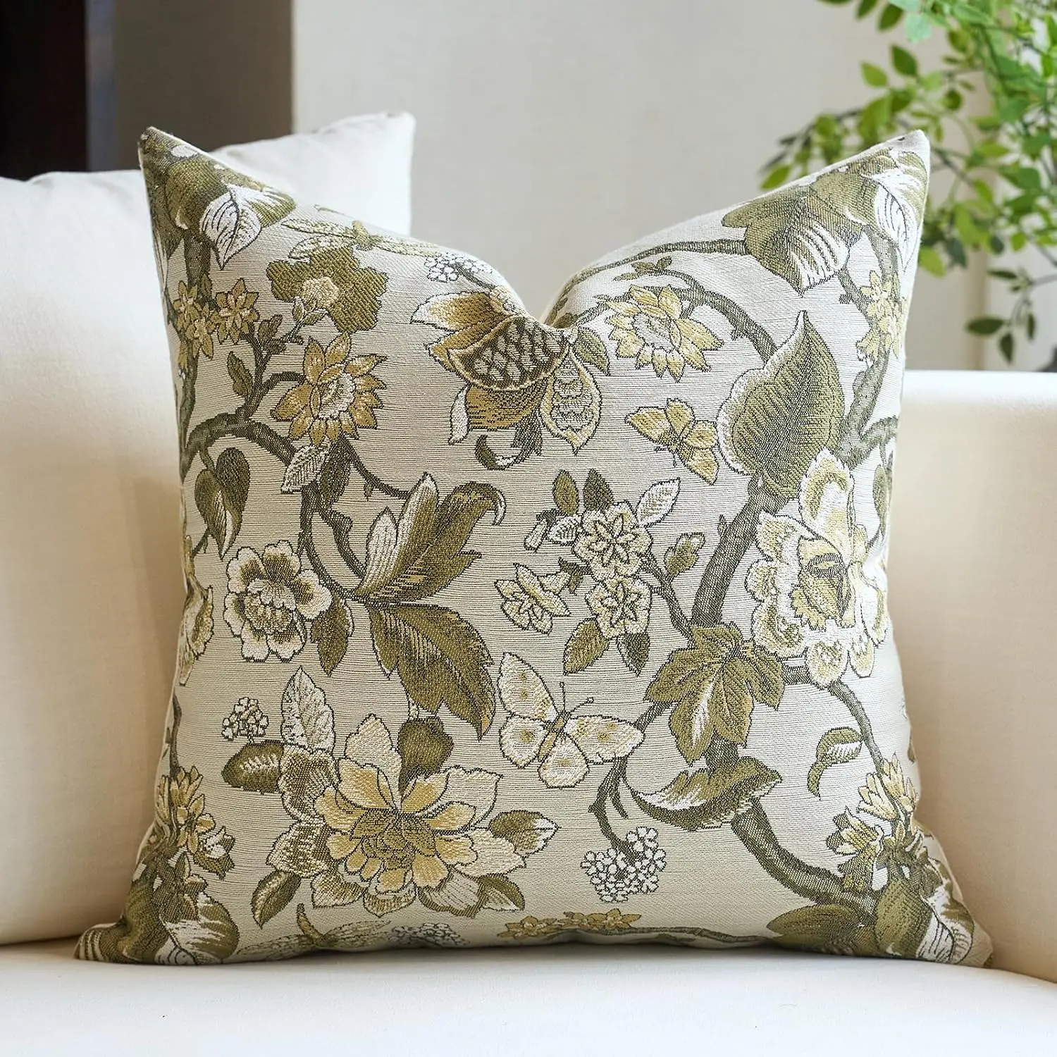 Vintage Floral Butterfly Throw Pillow Covers, 18x18 In Set of 2, Envelope Close Cushion Covers with Stain Resistant Fabric, Farmhouse Look Indoor/Outdoor No-Zipper Decor for Sofa