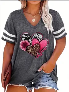 Women's Leopard Heart & Floral Print Contrast Binding V Neck Jersey Tee, Casual Chic Style Fashion Plus Size Loose Fit Short Sleeve Polyester T-shirt for Summer, Women's Plus Clothing for Daily Wear